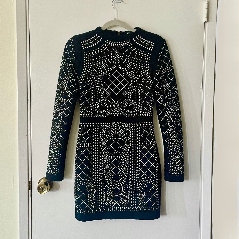 Windsor Rhinestone Quilted Black Bodycon Dress SMALL